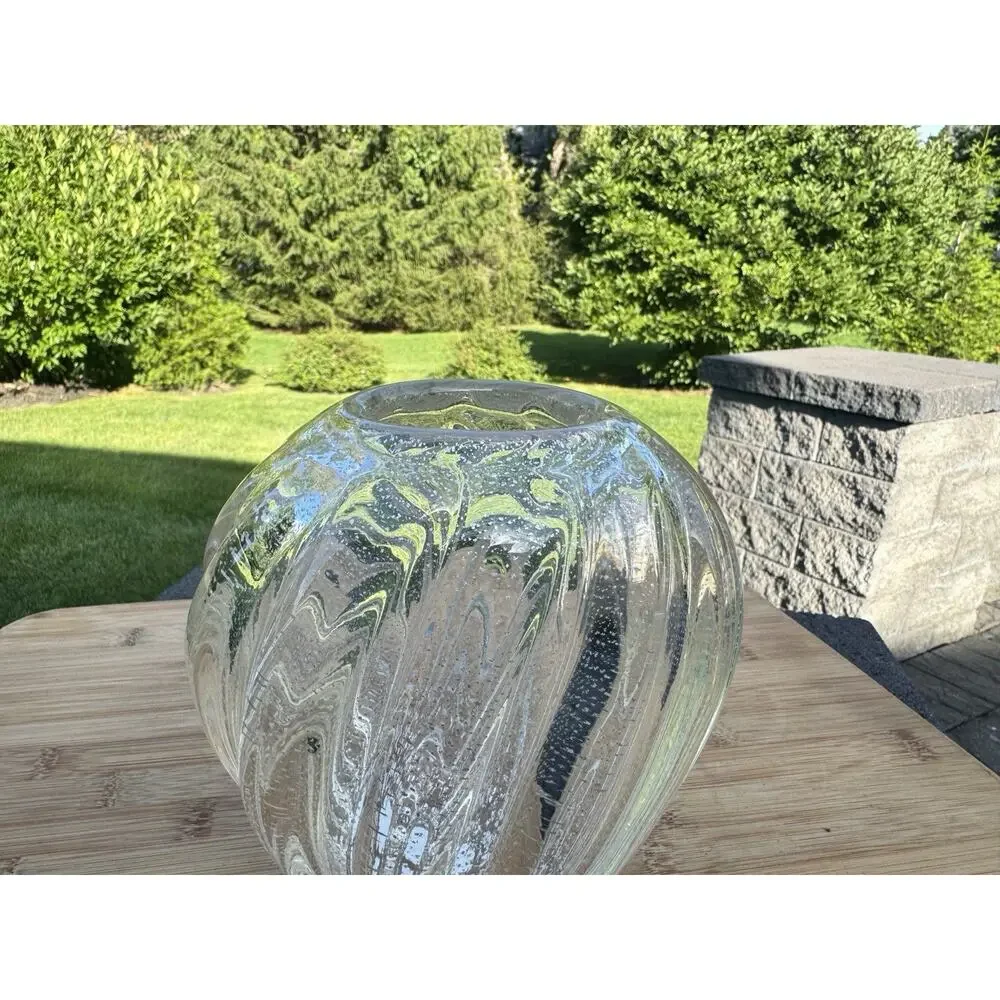 Archimede Seguso Hand Blown Murano Art Glass Vase Clear with Silver Flex 7” H